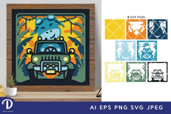 Dinosaurs Ride a Car 3D Shadow Box: Laser Cutting Wall Decor for Playful Branding